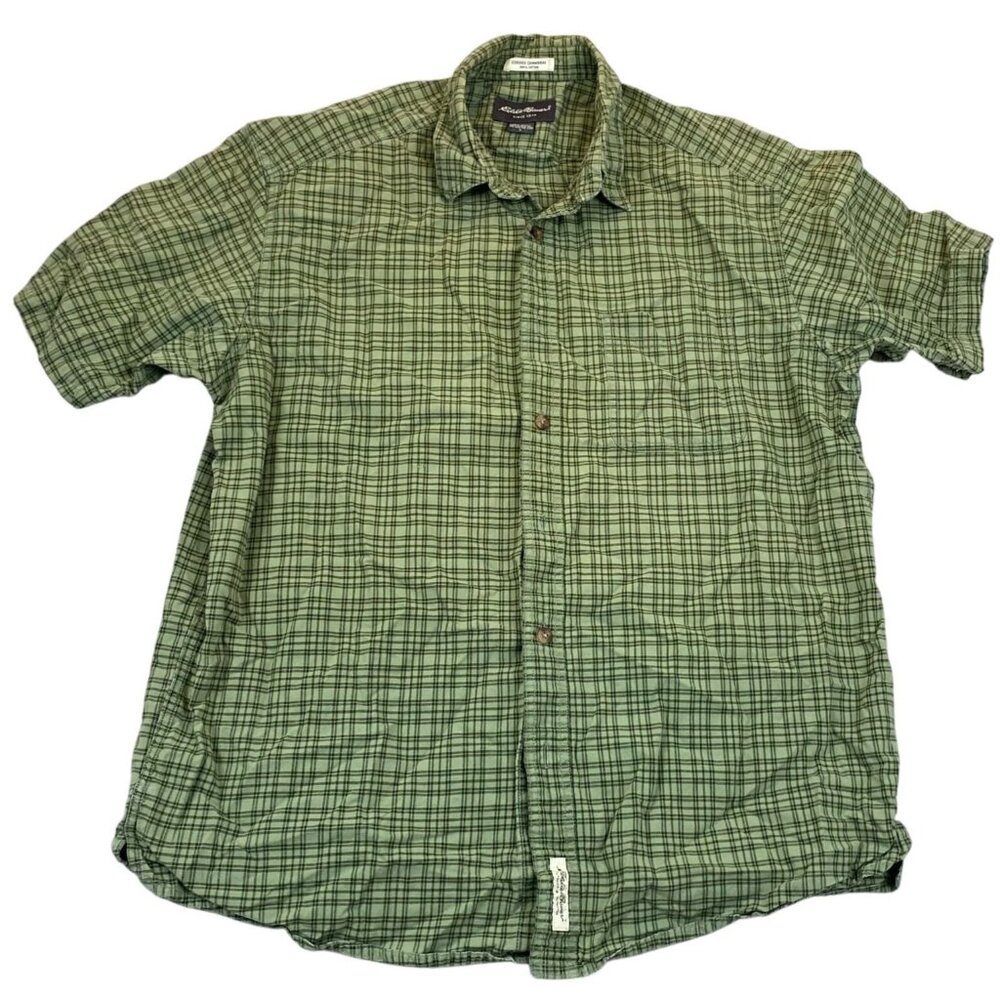 Eddie Bauer Men's Corded Chambray Button Up Shirt Large Green Plaid Casual
